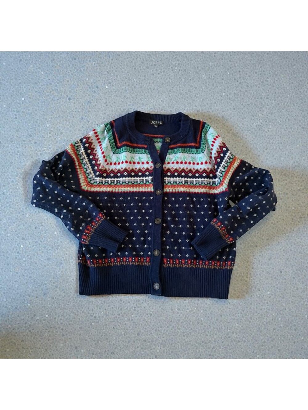 J CREW Navy Cherry Print Wool Blend Cardigan Sweater Size Large